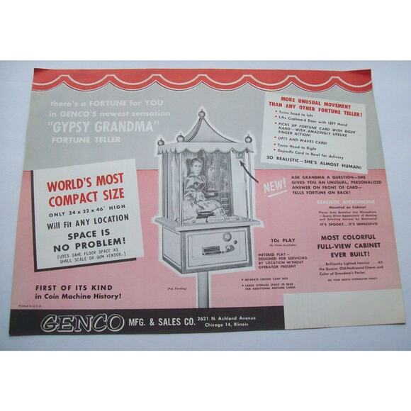 Gypsy Grandma Arcade FLYER 1957 Original UNUSED Fortune Teller Horoscope Genco